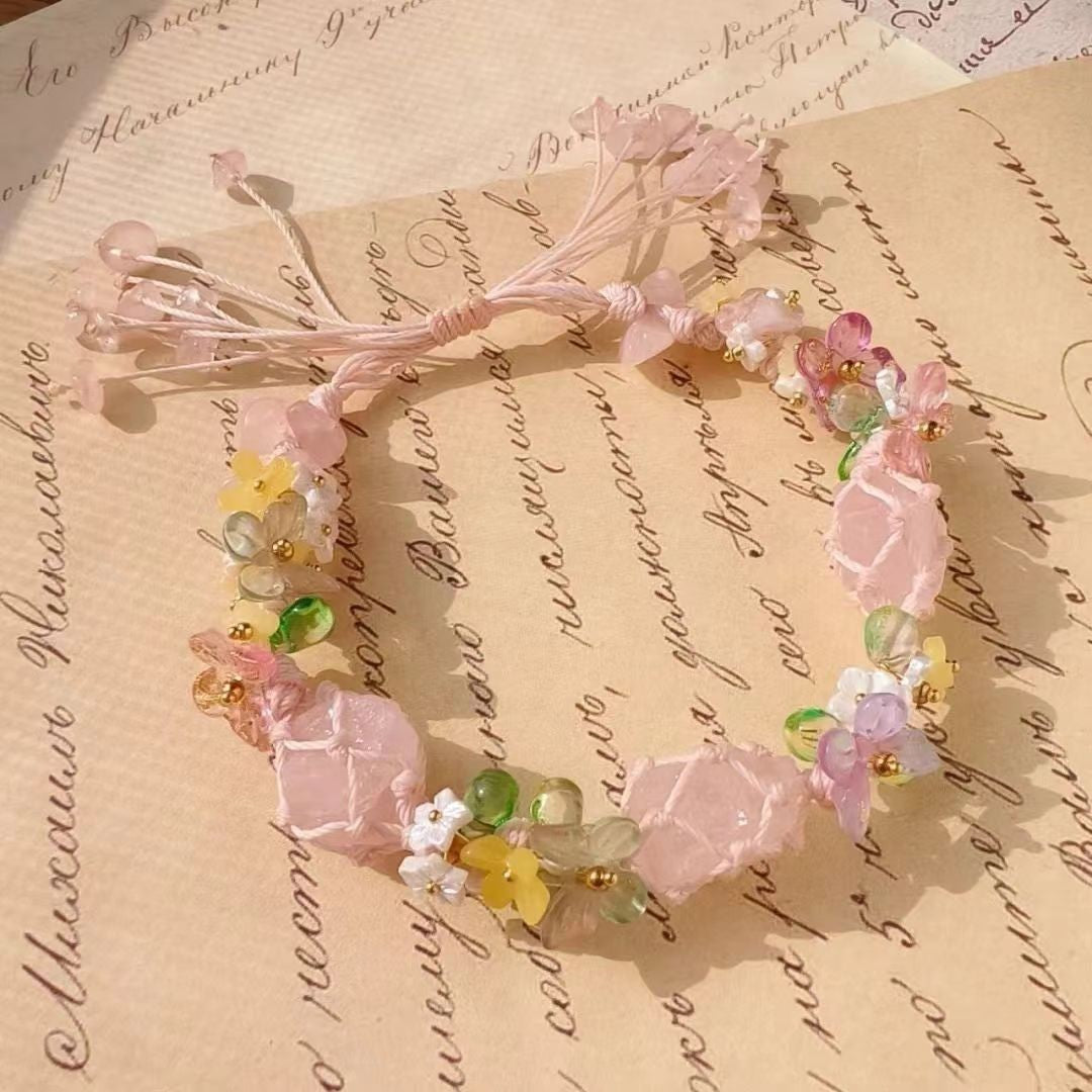 Pink Flower Handmade Raw Stone Braided Bracelet