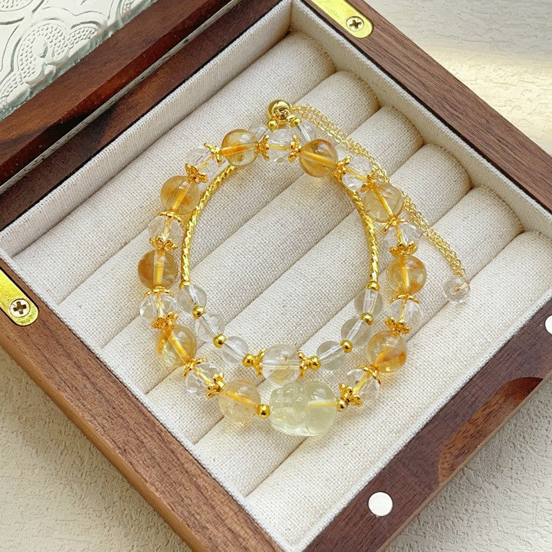 Lemon Citrine Carved Pixiu Double Chain Stackable Bracelet