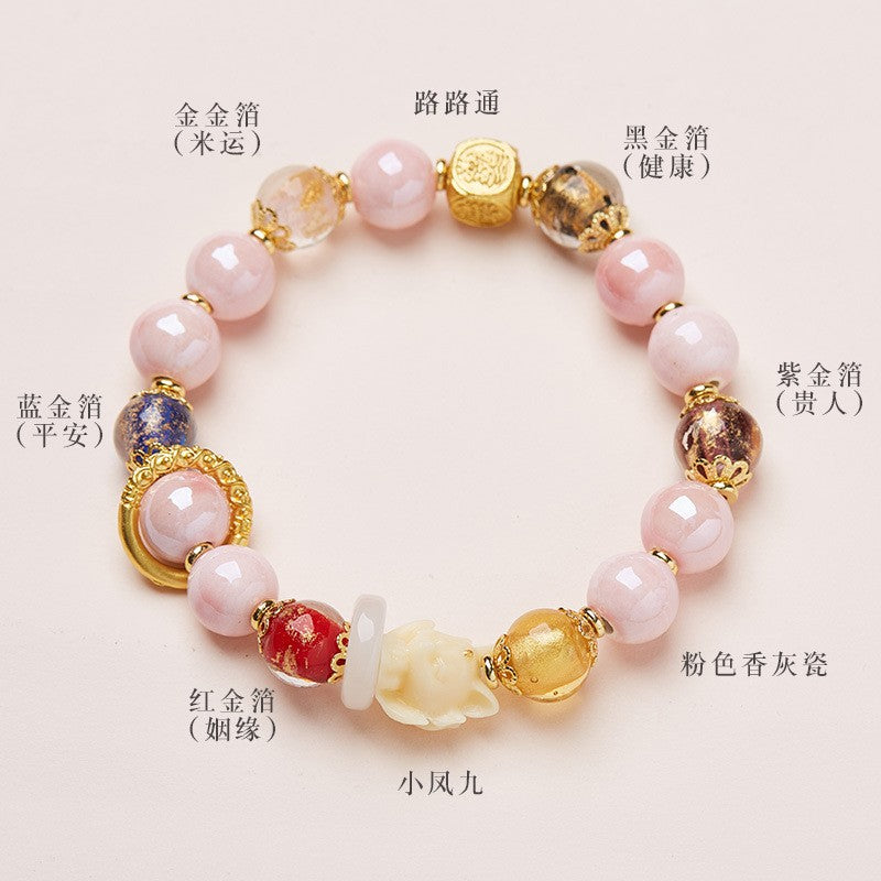 Incense Ash Glass Porcelain Nine-tailed Fox Gold Foil Bracelet