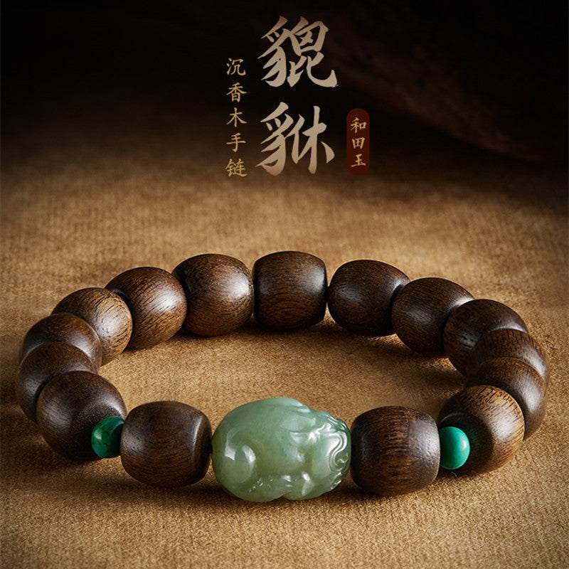 Agarwood Hetian jade Pixiu single loop Buddhist beads bracelet 10*12mm