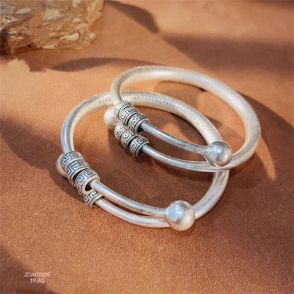 999.9 Pure Silver Heart Sutra String Wanzi Pattern Accessories Pair of Beads Open Hollow Silver Bracelet