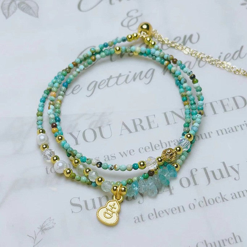 Turquoise round bead three-circle adjustable bracelet