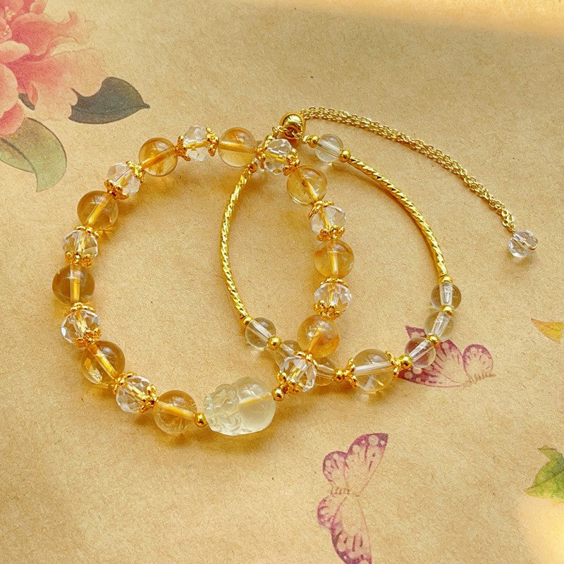 Lemon Citrine Carved Pixiu Double Chain Stackable Bracelet