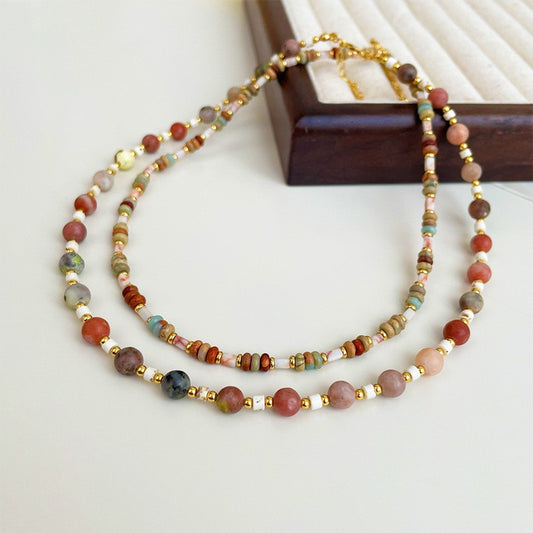 Vintage Dopamine Colored Natural Stone Stacking Necklace