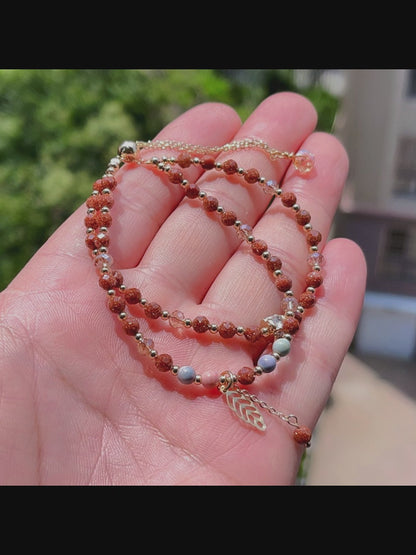 Red gold sandstone and rainbow stone double circle bracelet