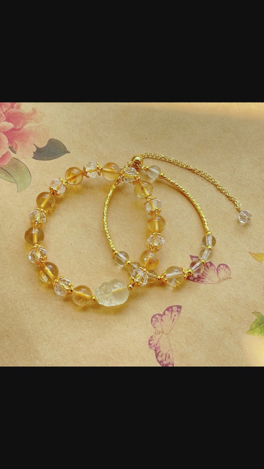 Lemon Citrine Carved Pixiu Double Chain Stackable Bracelet